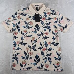 Byrd Gang Polo Shirt Men's Medium Beige Floral Performance Golf Stretch NWT